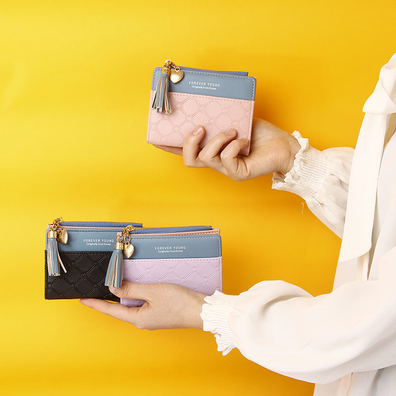 Women's Short Zipper Three-fold Korean Style Tassel Simple Zero Ladies Wallet