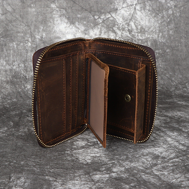 Men's Horse Leather Zipper Vertical Full First Layer Cowhide Retro Men's Wallets