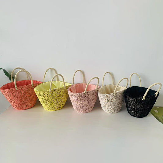 Lace Weaving Hollow Vegetable Basket Large Capacity Drawstring Handbags