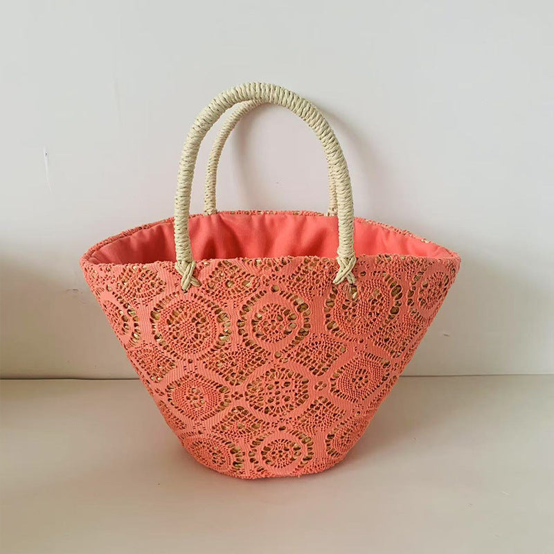 Lace Weaving Hollow Vegetable Basket Large Capacity Drawstring Handbags