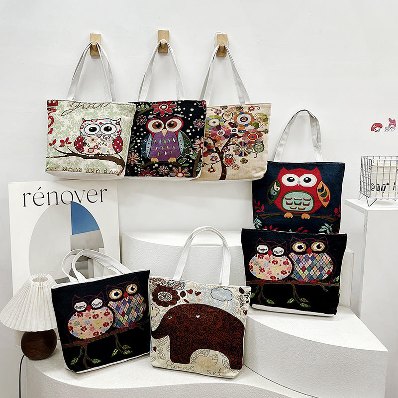 Women's Yarn-dyed Canvas Embroidered Portable Fashion Large Shoulder Bags