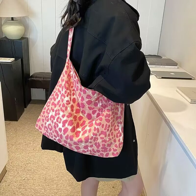 Raspberry Pink Leopard Print Canvas Cloth Women's Shoulder Bag