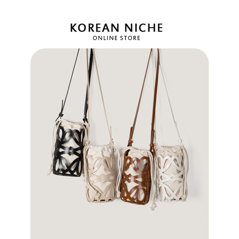 Women's Design Hollow Drawstring Canvas Cylindrical Pouch Crossbody Bags