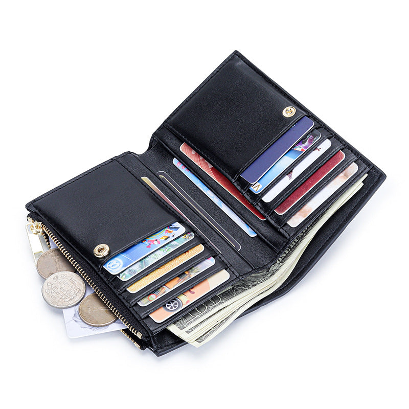 Women's Medium Style Fashion Sheepskin Handmade Large Woven Multiple Slots Ladies Wallet