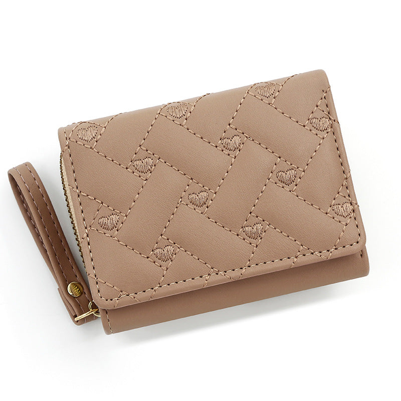 Women's Short Chic Embroidered Love Female Tri Fold Multiple Ladies Wallet