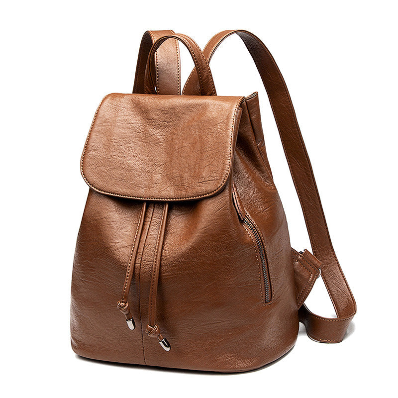 Women's Drawstring Fashion Cowhide Soft Leather Contrast Backpacks
