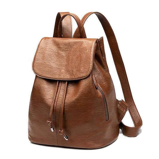 Women's Drawstring Fashion Cowhide Soft Leather Contrast Backpacks