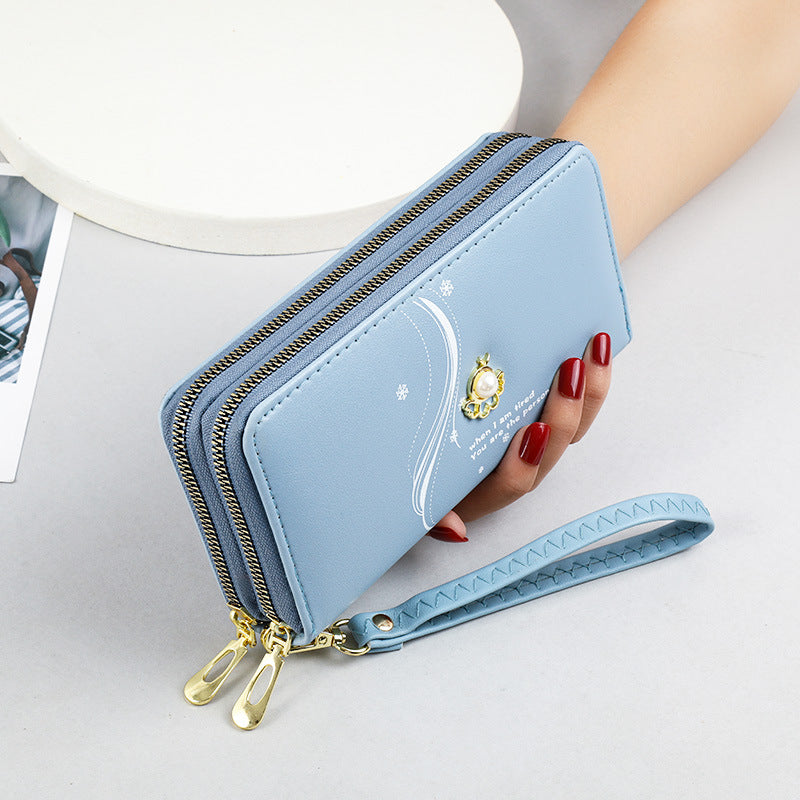 Women's Layer Zipper Long Wrist Clutch Pearl Ladies Wallet