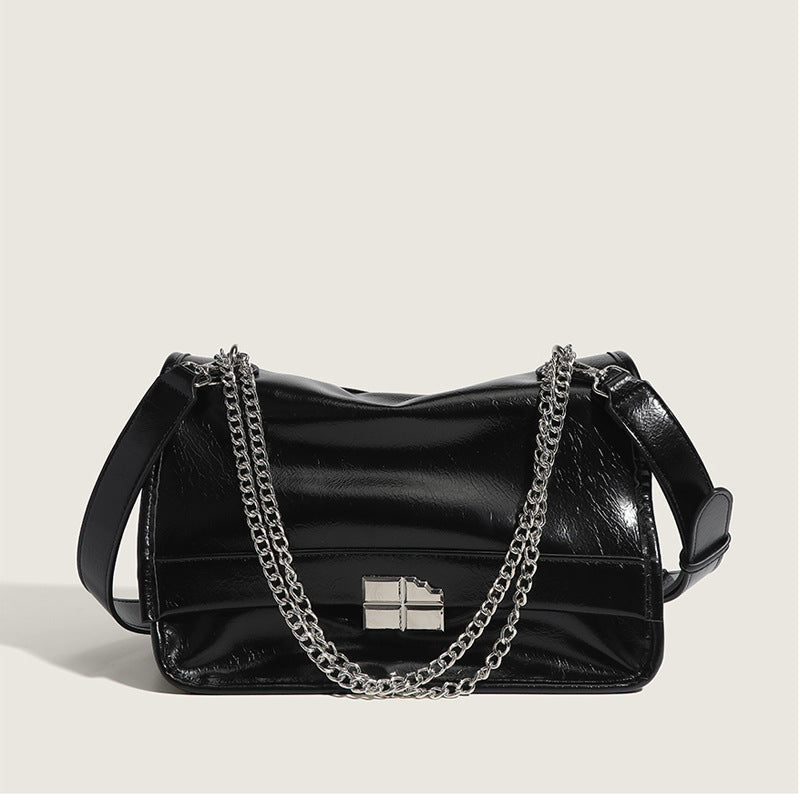 Oil Wax Leather Chain Pure Black Underarm Crossbody Bags