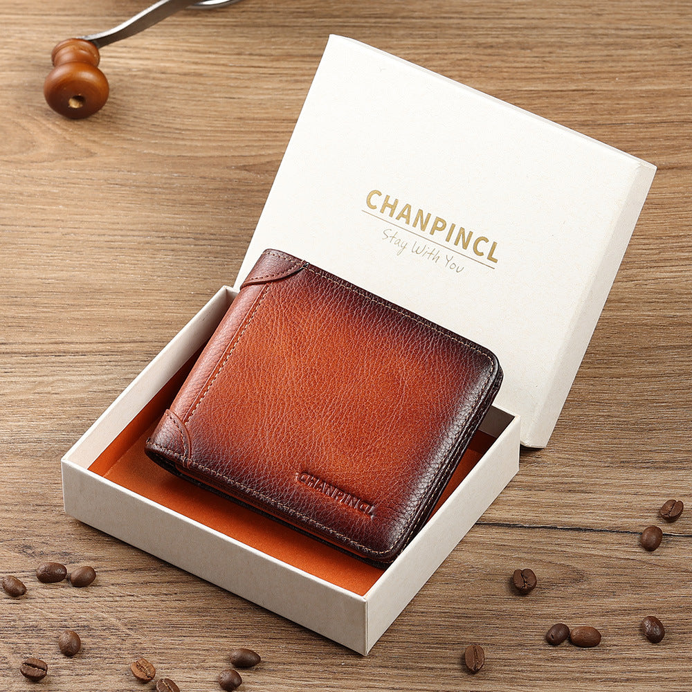 Men's Boxed Horizontal First Layer Cowhide Brushed Men's Wallets