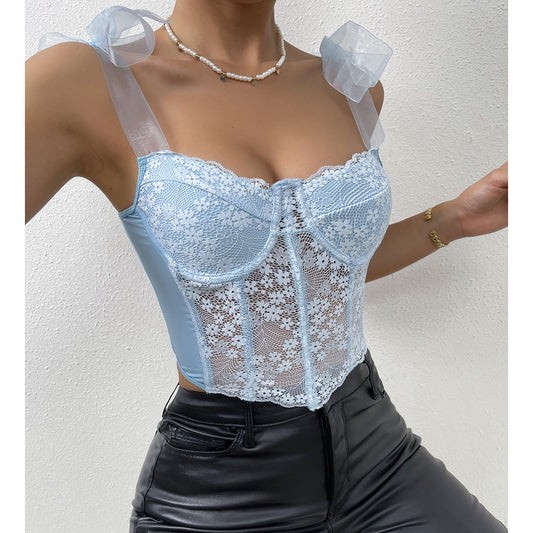Women's Lace Floral Strap Mesh Hollow Diamond Tops