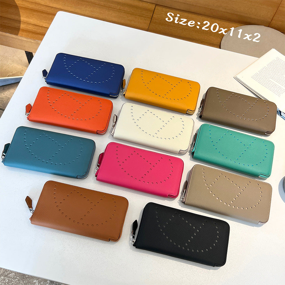 Women's First Layer Cowhide Long Fashion Zipper Genuine Purses