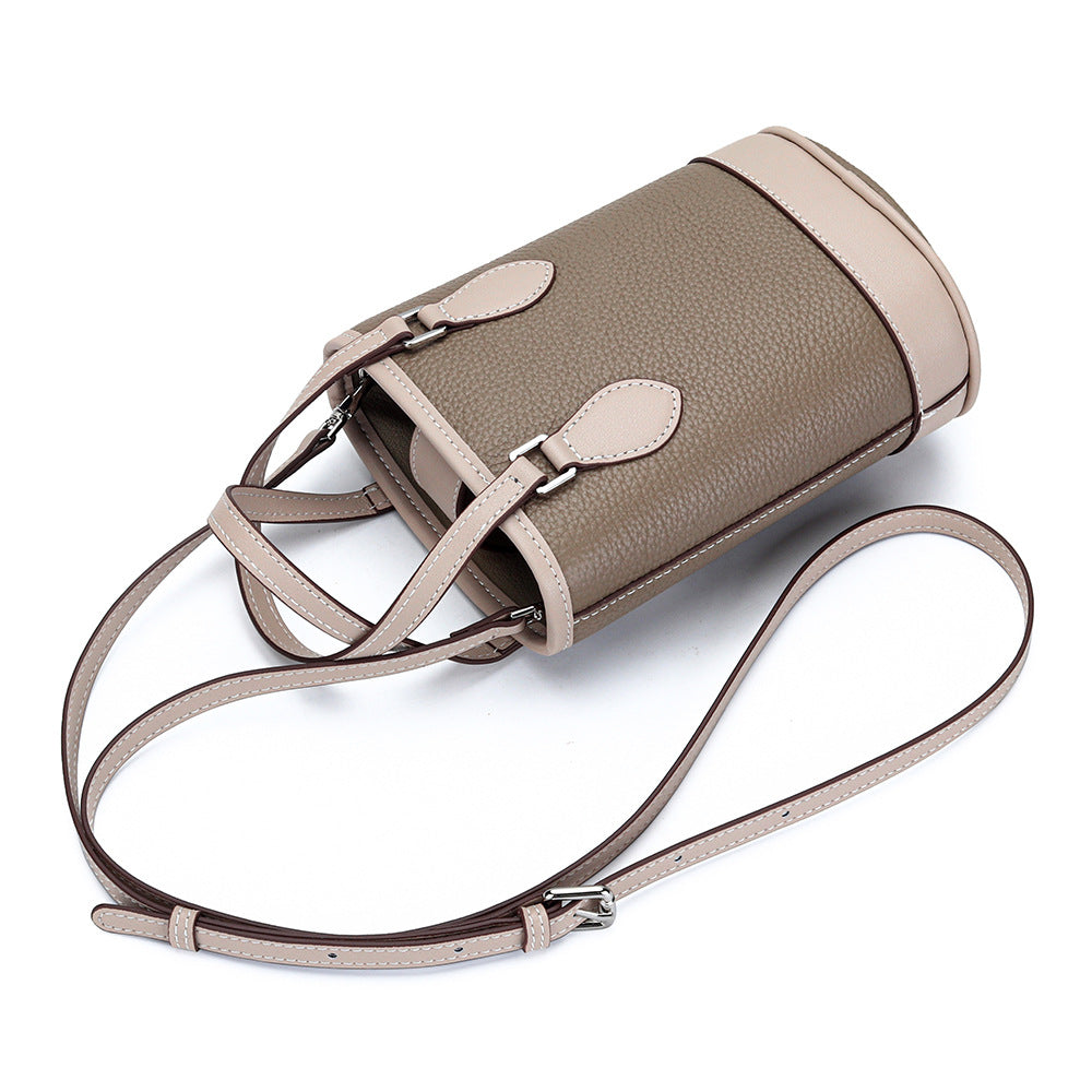 Women's Fashion Color Contrast Vertical Portable Design Genuine Bucket Bags
