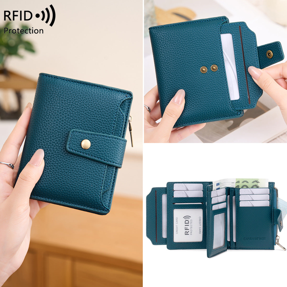 Women's Litchi Pattern Soft Leather Zip Multiple Ladies Wallet