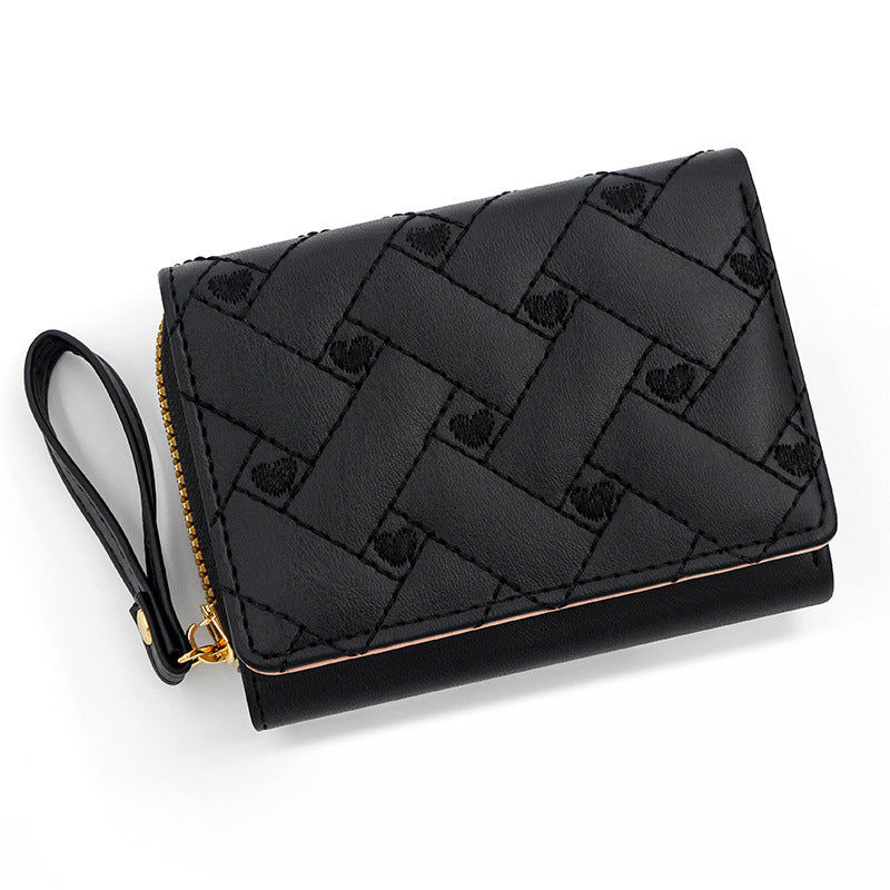 Women's Short Chic Embroidered Love Female Tri Fold Multiple Ladies Wallet