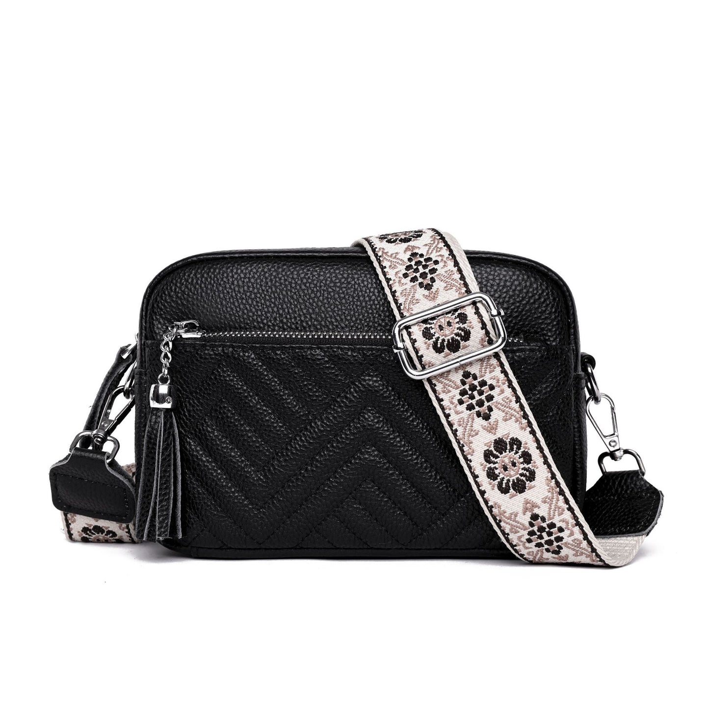 Women's First Layer Cowhide Vintage Embroidery Thread V Grid Crossbody Bags