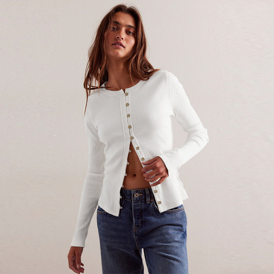 Women's Long Sleeve Round Neck Button Rib Cardigans
