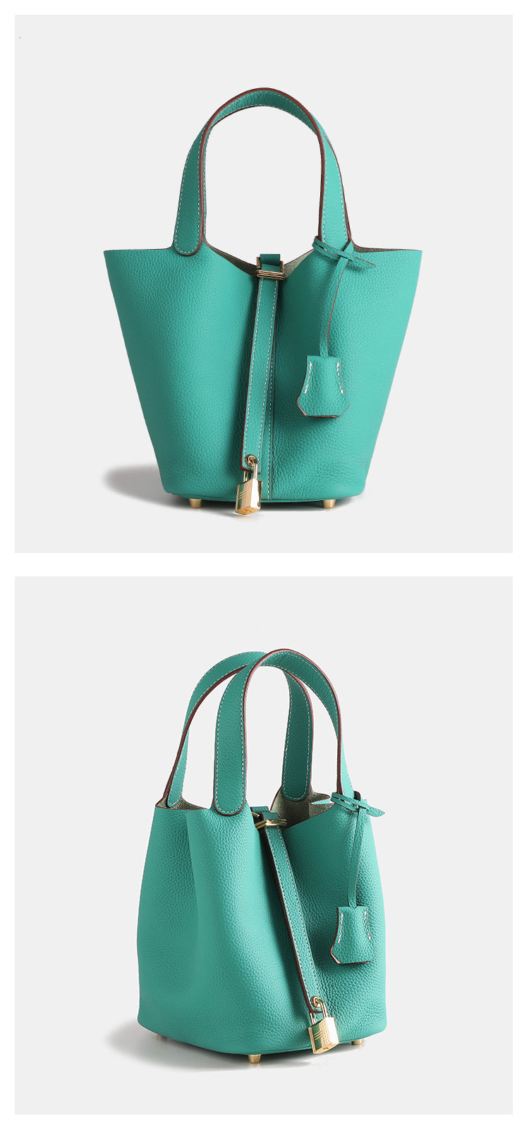 Layer Cowhide Lychee Pattern Solid Color Bucket Bags