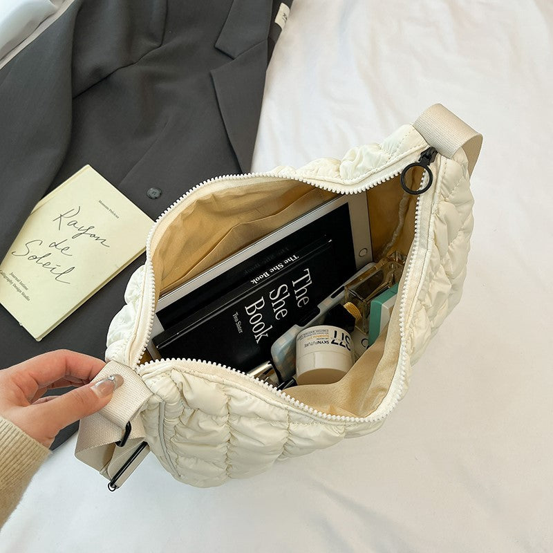 Women's Style Plaid Pleated Cloud Large Capacity Dumpling Soft Down Cotton Women's Shoulder Bag
