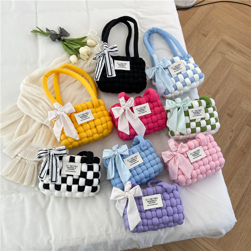 Coarse Yarn Cotton Candy Chessboard Hand-woven Homemade Women's Shoulder Bag