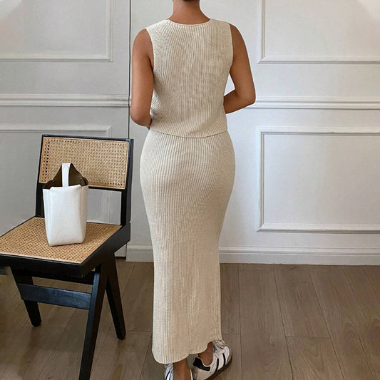 Flower Knitted Fitted Waist Dress Sleeveless Waistcoat Sweaters
