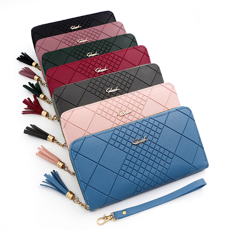Women's Long Portable Mobile Simple Embossed Tassel Bags