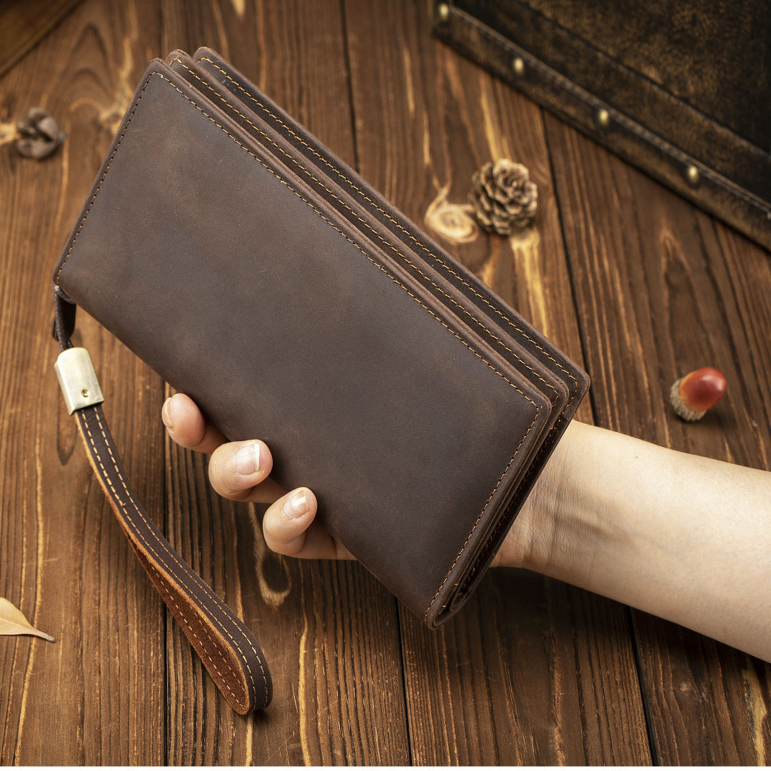 Men's Clutch Crazy Horse Leather Long Zipper Men's Wallets