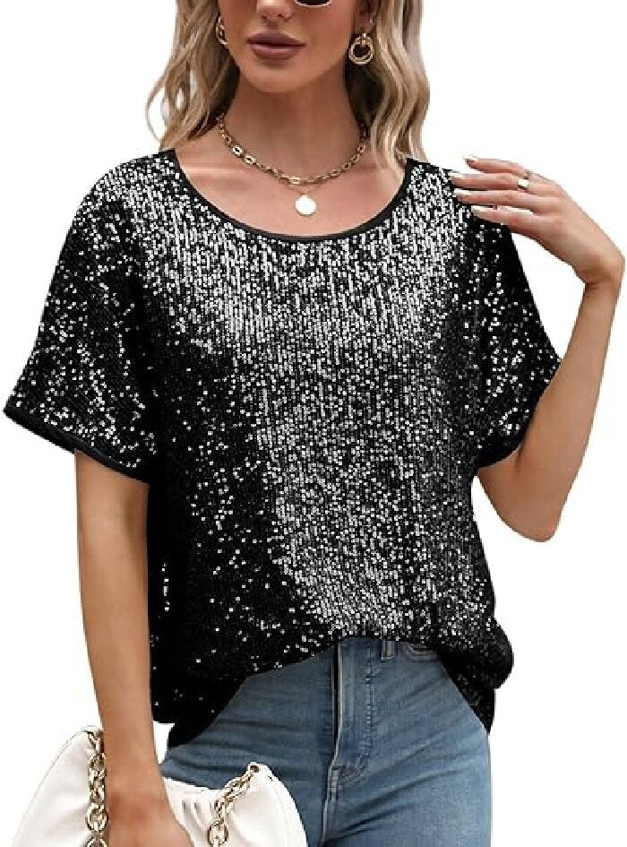 Loose Sequins Oblique Shoulder Sleeve Casual Sequin Tops