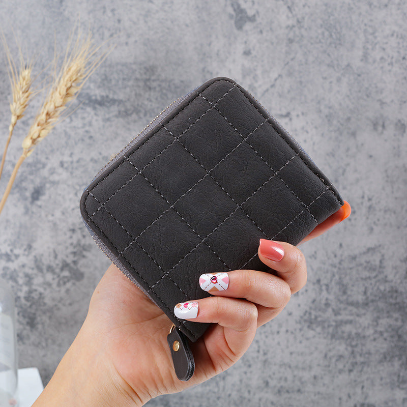Women's Short Korean Multiple Slots Zipper Hasp Plaid Coin Purses