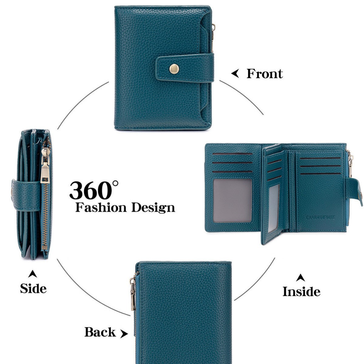 Women's Litchi Pattern Soft Leather Zip Multiple Slots Fashion Buckle