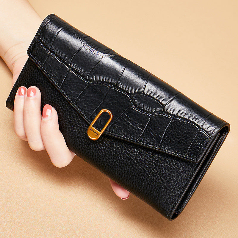 Women's Yellow Long Lucky First Layer Cowhide Ladies Wallet