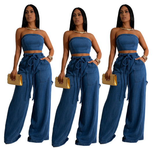 Women's Cool Denim Tube Braid Rope Wide Suits