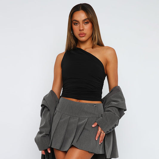 Women's Winter Solid Color Backless Pleated T-shirt Blouses