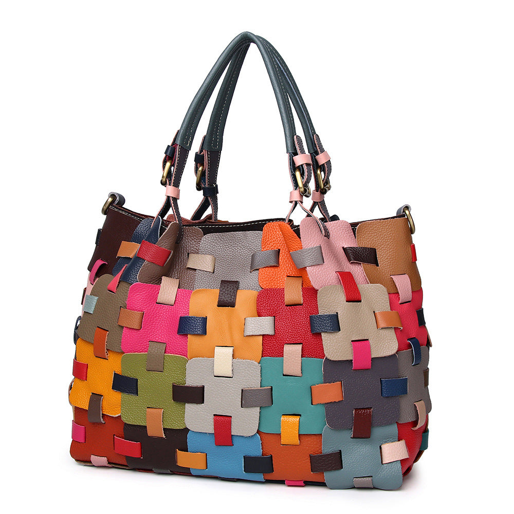 Cowhide Ethnic Style Color Woven Beach Women's Handbag