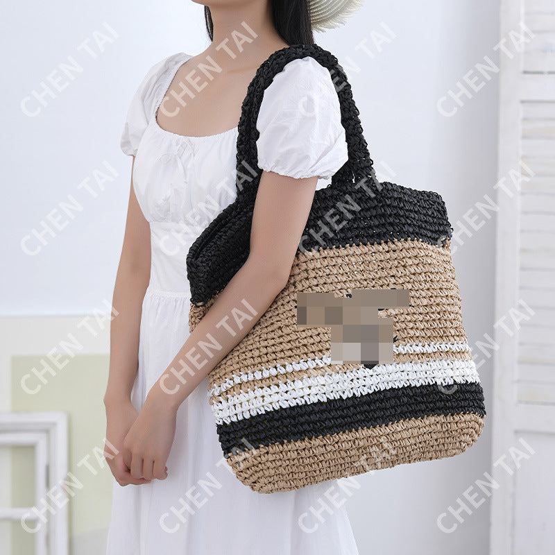 Vertical Stripes Hand-woven Letter Embroidery Fashion Woven Women's Shoulder Bag