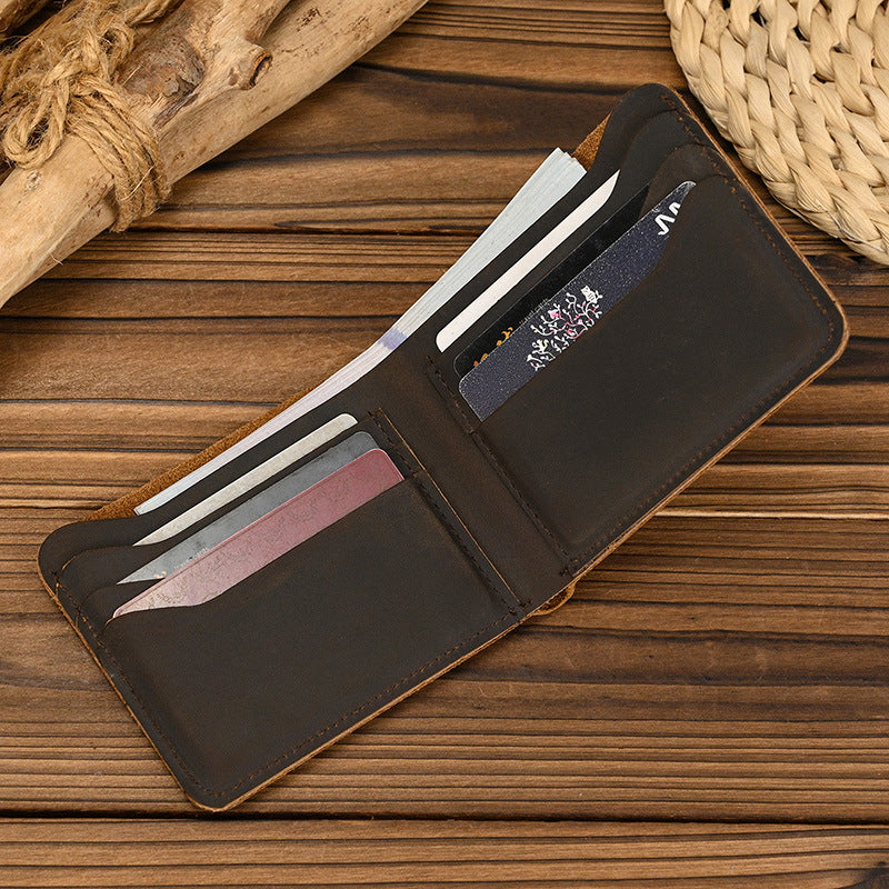 Men's Short Genuine Leather Simple Crazy Horse Clamp Retro Card Holder