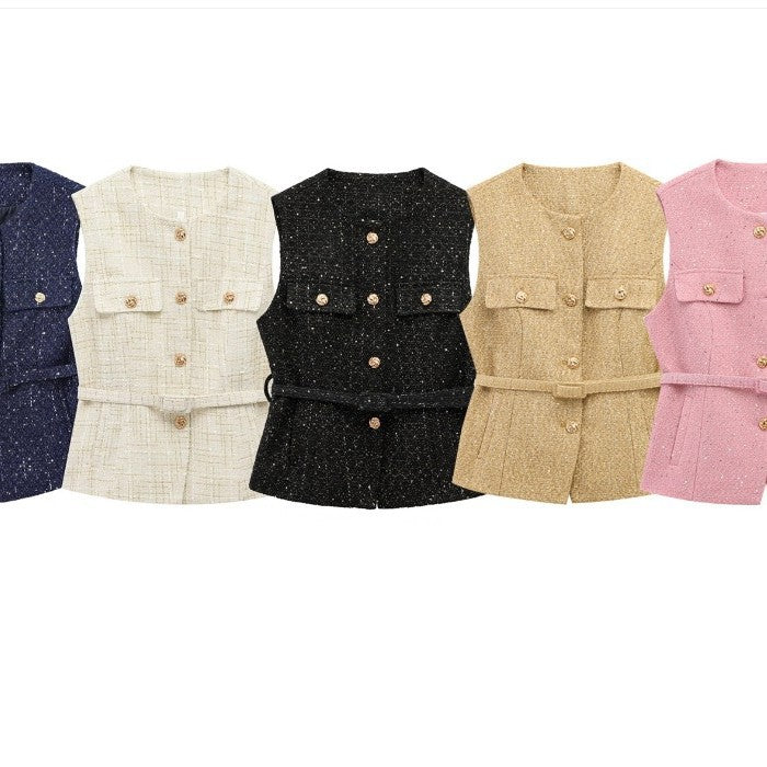 Women's With Belt Sequin Decorative Texture Tops