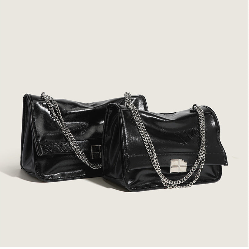 Oil Wax Leather Chain Pure Black Underarm Crossbody Bags