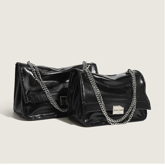 Oil Wax Leather Chain Pure Black Underarm Crossbody Bags