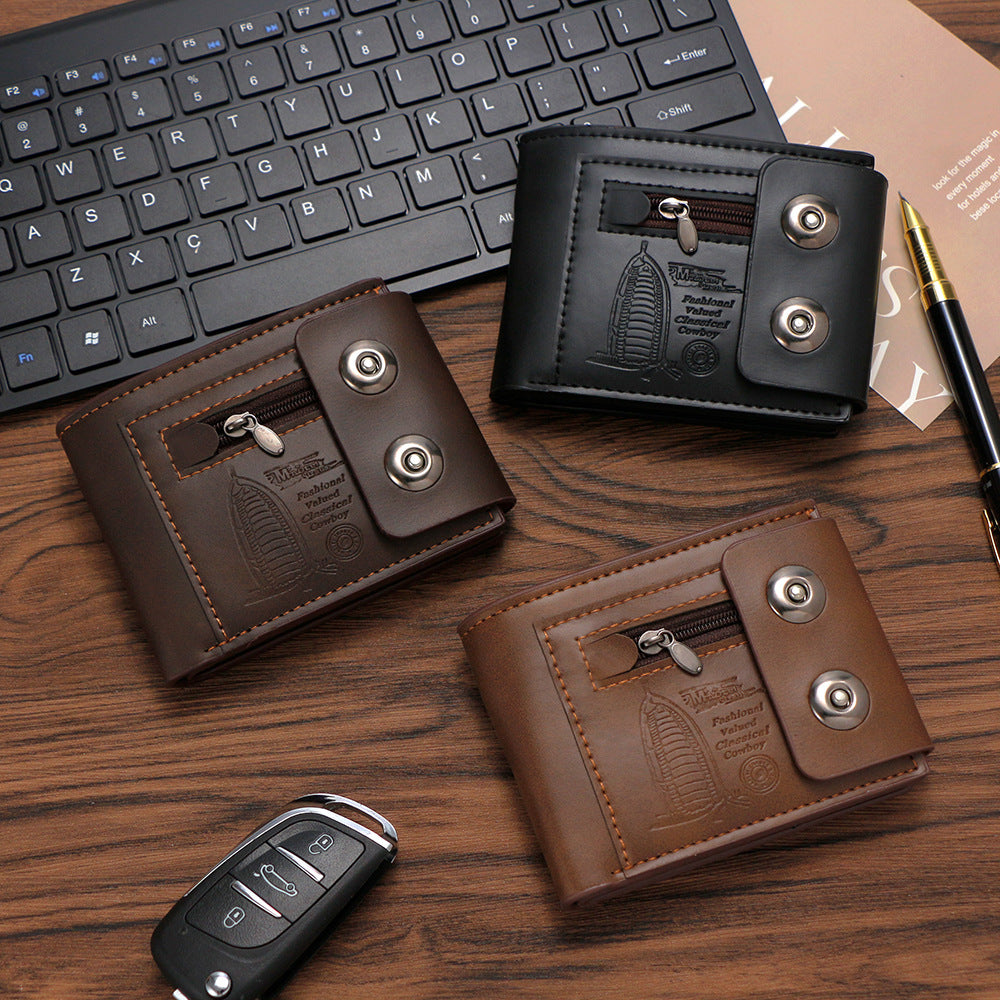 Men's Fashion Embossed Magnetic Snap Short Zipper Men's Wallet