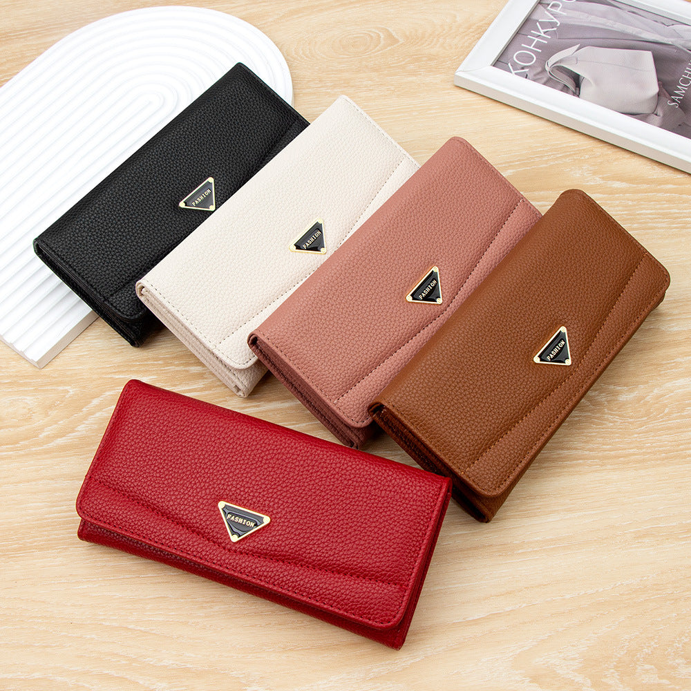 Solid Color Litchi Pattern Long Two Ladies Wallet