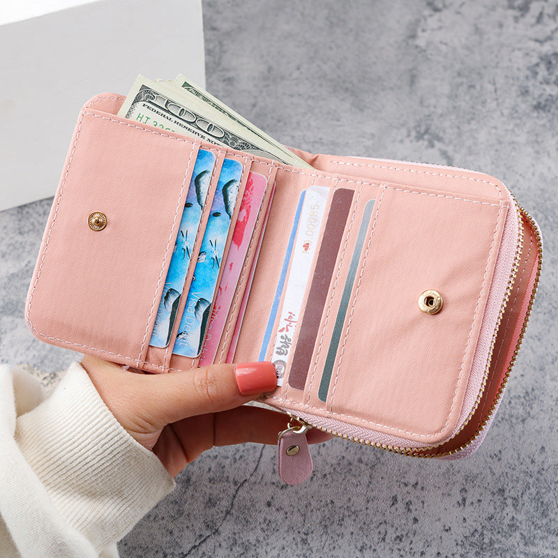 Women's Short Korean Multiple Slots Zipper Hasp Plaid Coin Purses