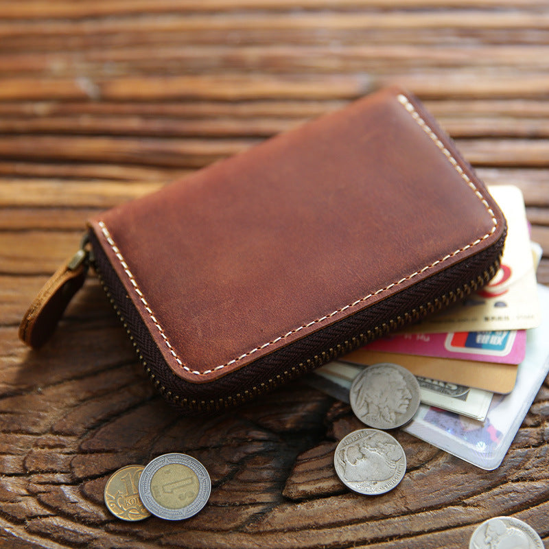 Men's Horse Leather Zipper Genuine Large Capacity Expanding Multiple Card Holder