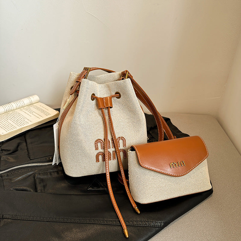 Women's Drawstring Bundle Fashion Contrast Color High-grade Bucket Bags