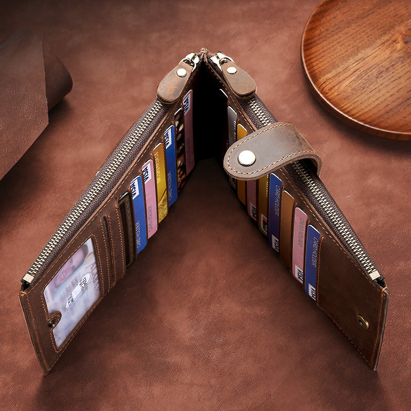 Horse Leather Antimagnetic Integrated Large Capacity Sleeve Zipper Card Holder