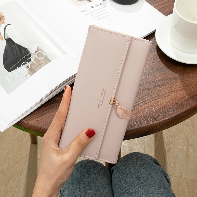 Long Korean Style Leaf Pendant Trifold Ladies Wallet