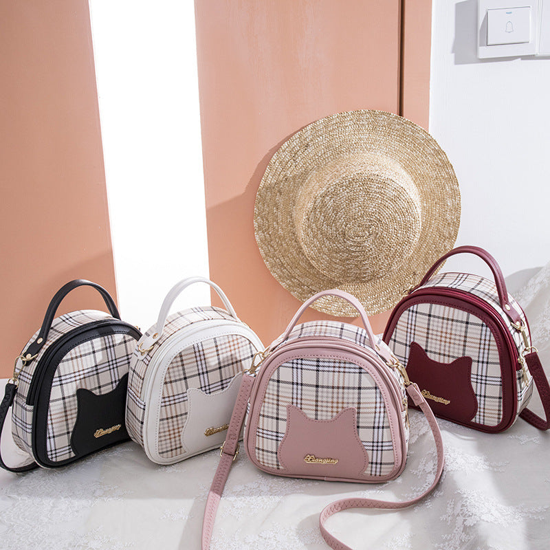 Women's Plaid Contrast Color Cat Face Letter Label Portable Shoulder Bags