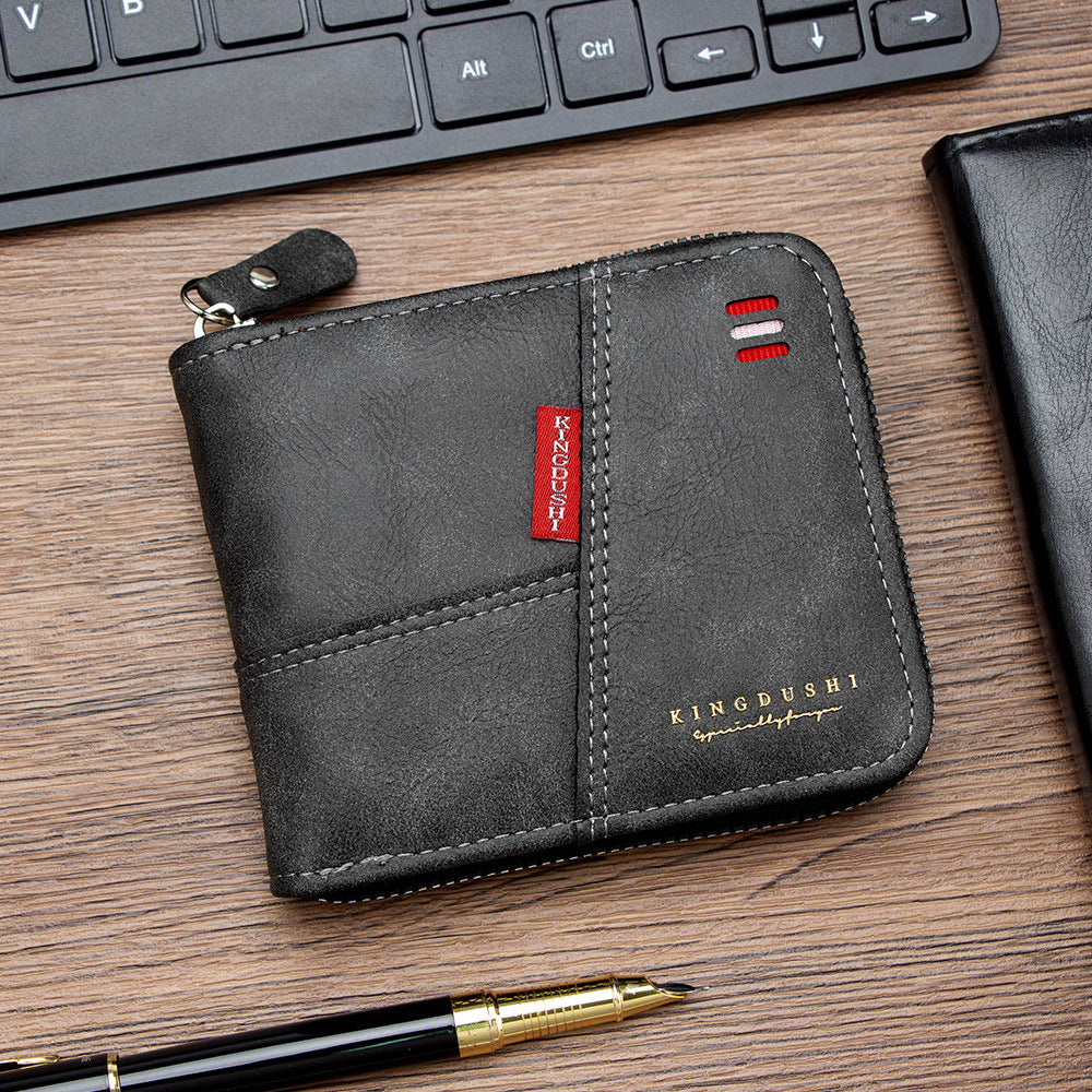 Men's Oil Wax Leather Stitching Short Multiple Slots Scarf Hinge Men's Wallet
