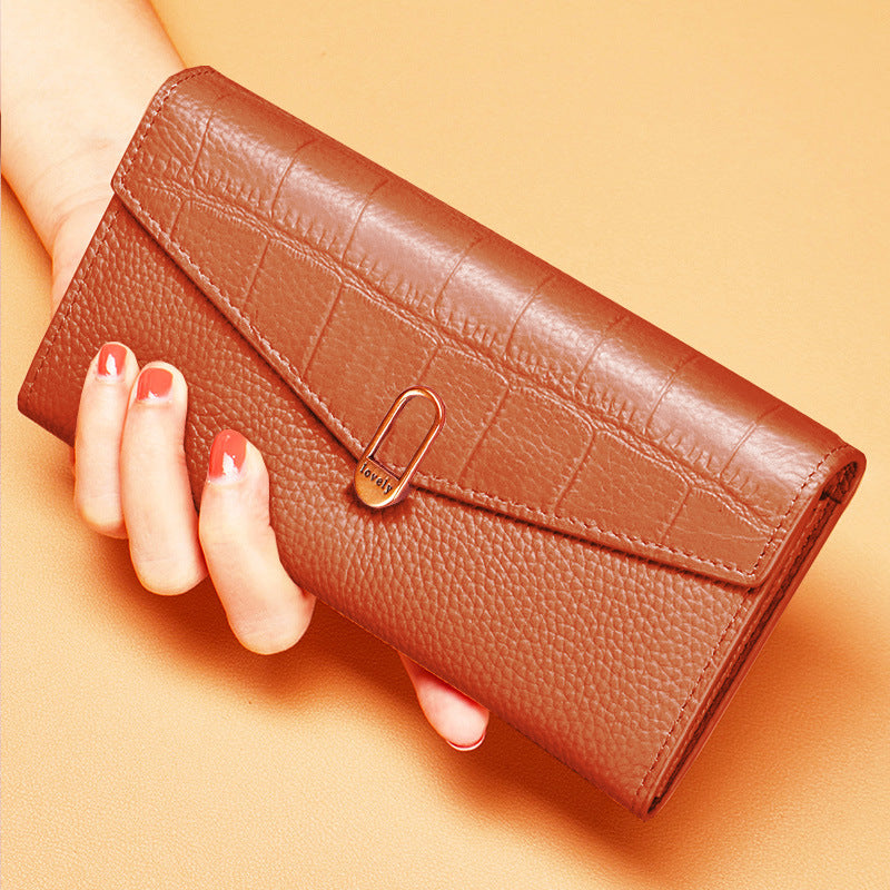 Women's Yellow Long Lucky First Layer Cowhide Ladies Wallet