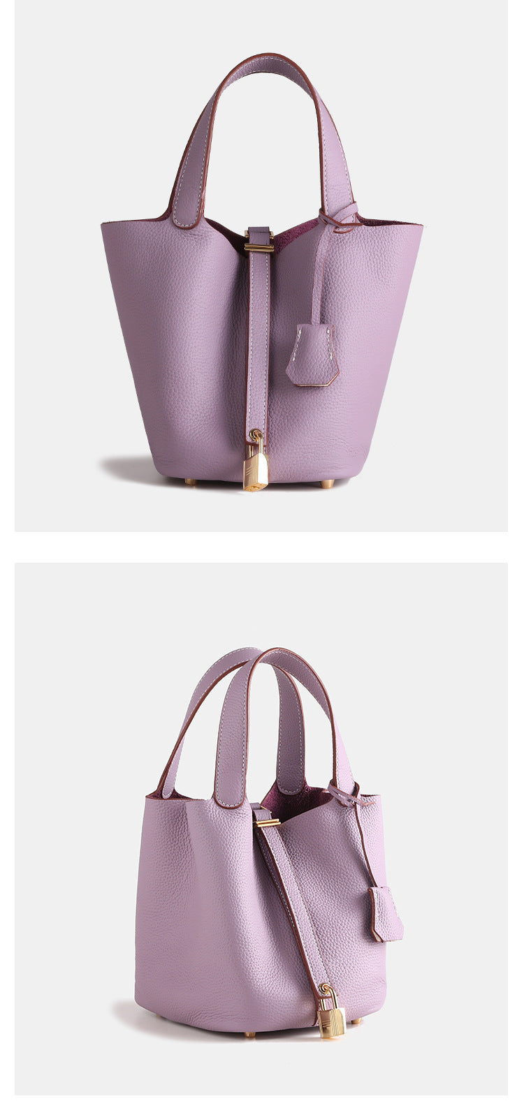 Layer Cowhide Lychee Pattern Solid Color Bucket Bags